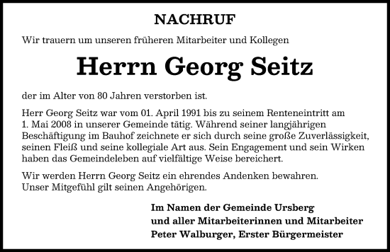 Traueranzeige von Georg Seitz von Mittelschwäbische Nachrichten