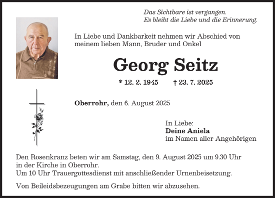 Traueranzeige von Georg Seitz von Mittelschwäbische Nachrichten
