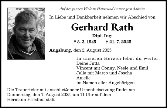 Traueranzeige von Gerhard Rath von Augsburger Allgemeine