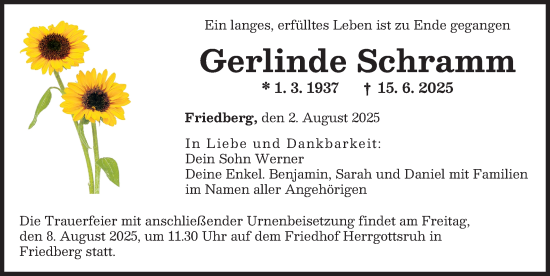 Traueranzeige von Gerlinde Schramm von Augsburger Allgemeine