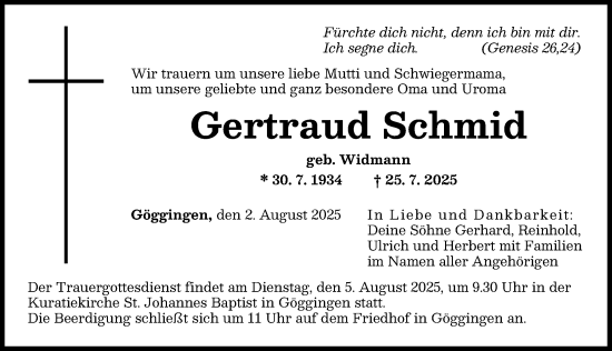 Traueranzeige von Gertraud Schmid von Augsburger Allgemeine