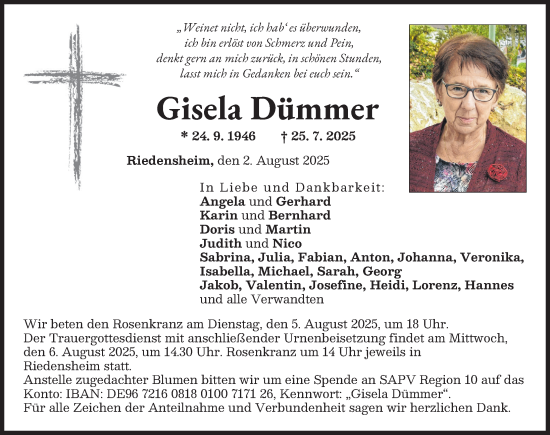 Traueranzeige von Gisela Dümmer von Neuburger Rundschau