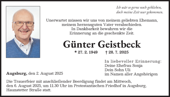 Traueranzeige von Günter Geistbeck von Augsburger Allgemeine