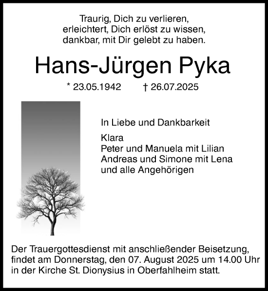 Traueranzeige von Hans-Jürgen Pyka von Neu-Ulmer Zeitung, Augsburger Allgemeine