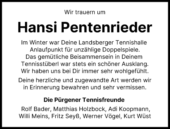 Traueranzeige von Hansi Pentenrieder von Landsberger Tagblatt