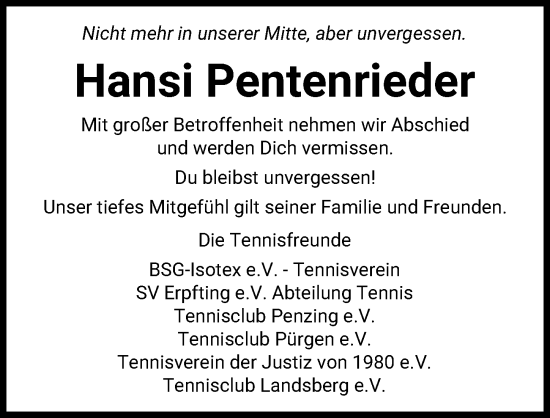 Traueranzeige von Hansi Pentenrieder von Landsberger Tagblatt