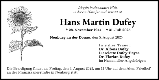 Traueranzeige von Hans Martin Dufey von Neuburger Rundschau