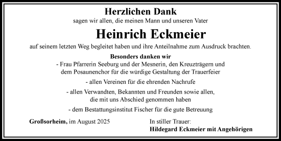 Traueranzeige von Heinrich Eckmeier von Rieser Nachrichten