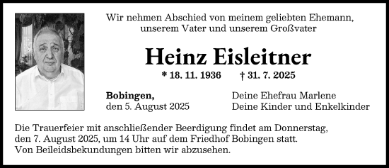 Traueranzeige von Heinz Eisleitner von Augsburger Allgemeine