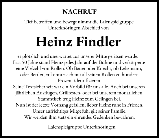 Traueranzeige von Heinz Findler von Günzburger Zeitung