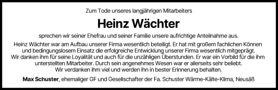 Traueranzeige von Heinz Wächter von Augsburger Allgemeine