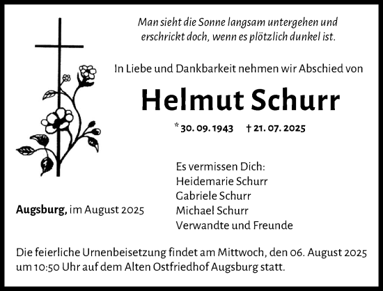 Traueranzeige von Helmut Schurr von Augsburger Allgemeine