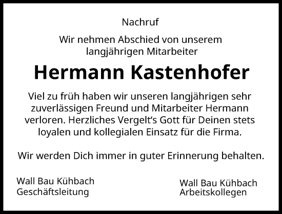 Traueranzeige von Hermann Kastenhofer von Aichacher Nachrichten
