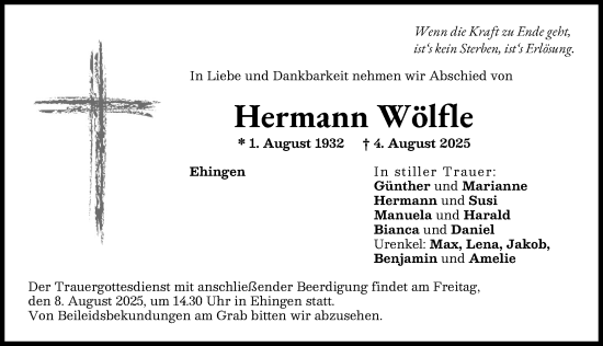 Traueranzeige von Hermann Wölfle von Augsburg-Land, Wertinger Zeitung