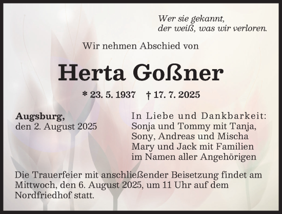 Traueranzeige von Herta Goßner von Augsburger Allgemeine