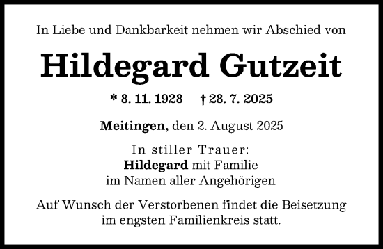 Traueranzeige von Hildegard Gutzeit von Augsburg-Land