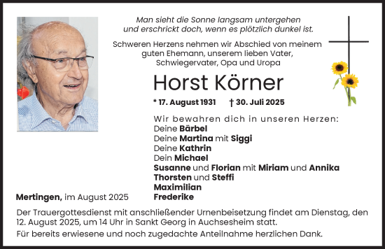 Traueranzeige von Horst Körner von Donauwörther Zeitung