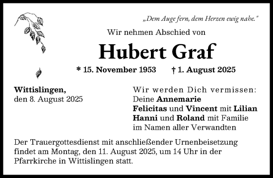 Traueranzeige von Hubert Graf von Augsburger Allgemeine