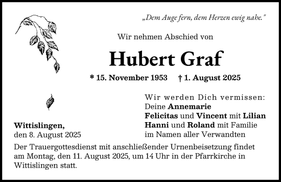 Traueranzeige von Hubert Graf von Donau Zeitung