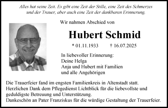 Traueranzeige von Hubert Schmid von Illertisser Zeitung