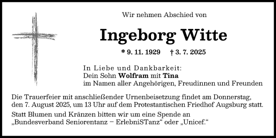 Traueranzeige von Ingeborg Witte von Augsburger Allgemeine