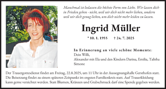 Traueranzeige von Ingrid Müller von Augsburger Allgemeine