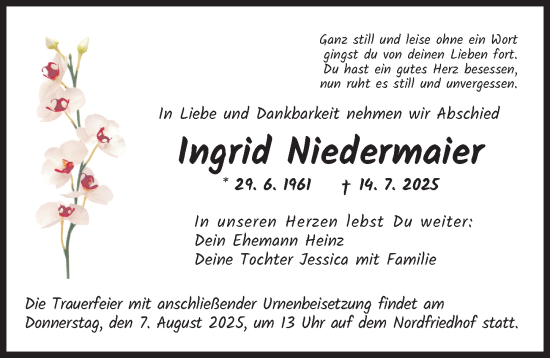 Traueranzeige von Ingrid Niedermaier von Augsburger Allgemeine