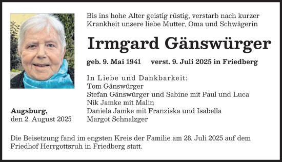 Traueranzeige von Irmgard Gänswürger von Augsburger Allgemeine, Donau Zeitung