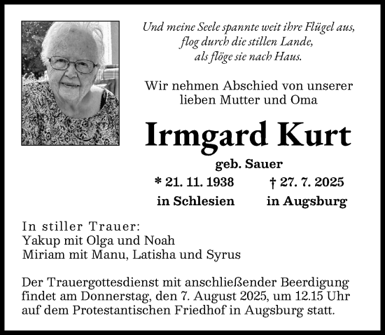 Traueranzeige von Irmgard Kurt von Augsburger Allgemeine