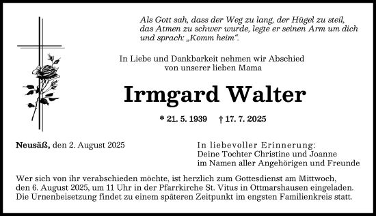 Traueranzeige von Irmgard Walter von Augsburger Allgemeine