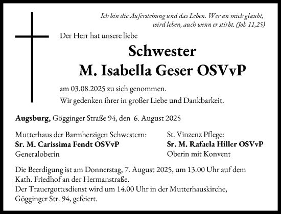 Traueranzeige von Isabella Geser von Augsburger Allgemeine
