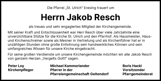 Traueranzeige von Jakob Resch von Landsberger Tagblatt
