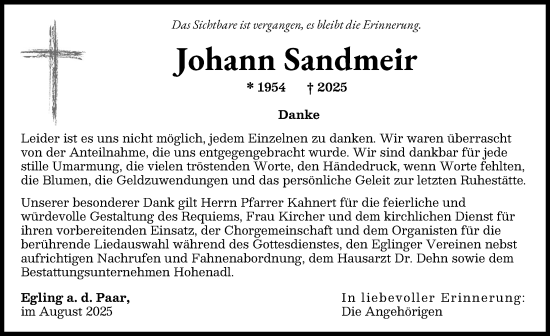 Traueranzeige von Johann Sandmeir von Friedberger Allgemeine, Landsberger Tagblatt