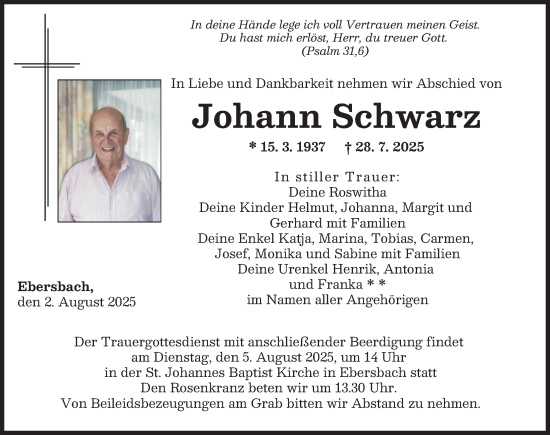 Traueranzeige von Johann Schwarz von Günzburger Zeitung