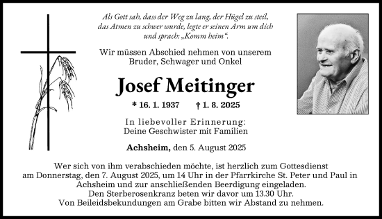 Traueranzeige von Josef Meitinger von Aichacher Nachrichten, Augsburg-Land