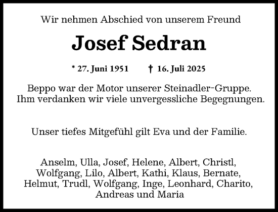 Traueranzeige von Josef Sedran von Augsburger Allgemeine