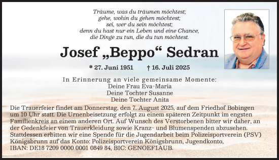 Traueranzeige von Josef Sedran von Augsburger Allgemeine, Schwabmünchner Allgemeine