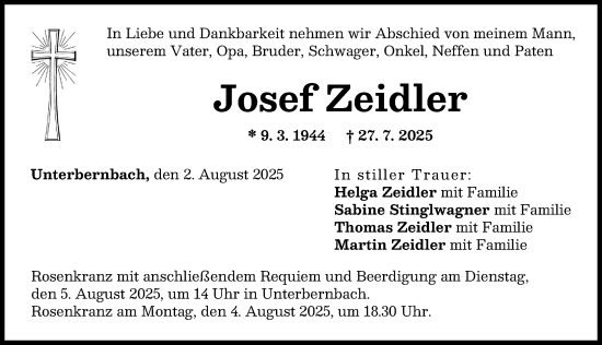 Traueranzeige von Josef Zeidler von Aichacher Nachrichten