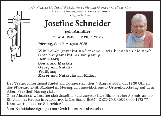 Traueranzeige von Josefine Schneider von Friedberger Allgemeine