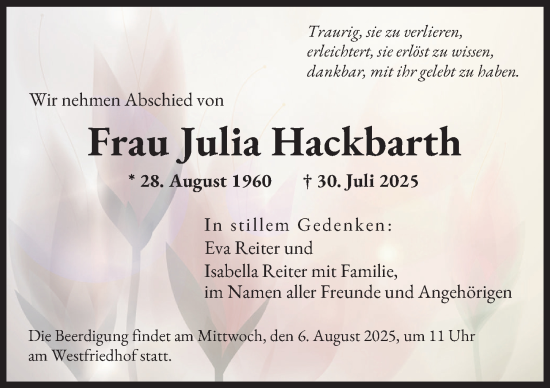 Traueranzeige von Julia Hackbarth von Augsburger Allgemeine