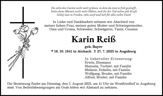 Traueranzeige von Karin Reiß von Augsburger Allgemeine