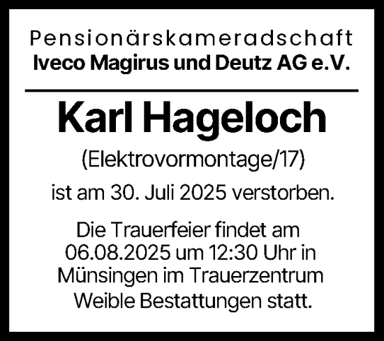 Traueranzeige von Karl Hageloch von Neu-Ulmer Zeitung, Günzburger Zeitung, Illertisser Zeitung