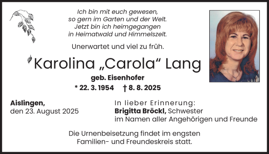 Traueranzeige von Karolina Lang von Donau Zeitung