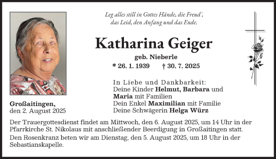 Traueranzeige von Katharina Geiger von Schwabmünchner Allgemeine