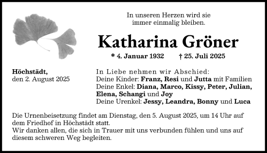 Traueranzeige von Katharina Gröner von Donau Zeitung