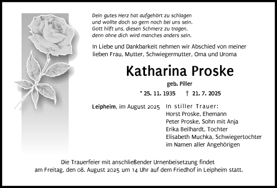 Traueranzeige von Katharina Proske von Günzburger Zeitung