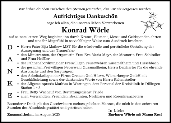Traueranzeige von Konrad Wörle von Wertinger Zeitung