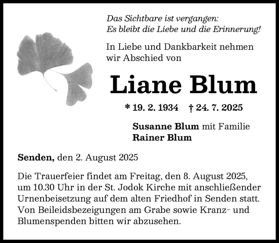 Traueranzeige von Liane Blum von Neu-Ulmer Zeitung