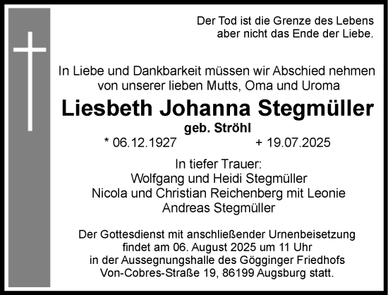 Traueranzeige von Liesbeth Johanna Stegmüller von Augsburger Allgemeine