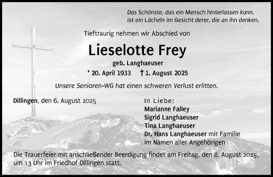 Traueranzeige von Lieselotte Frey von Donau Zeitung
